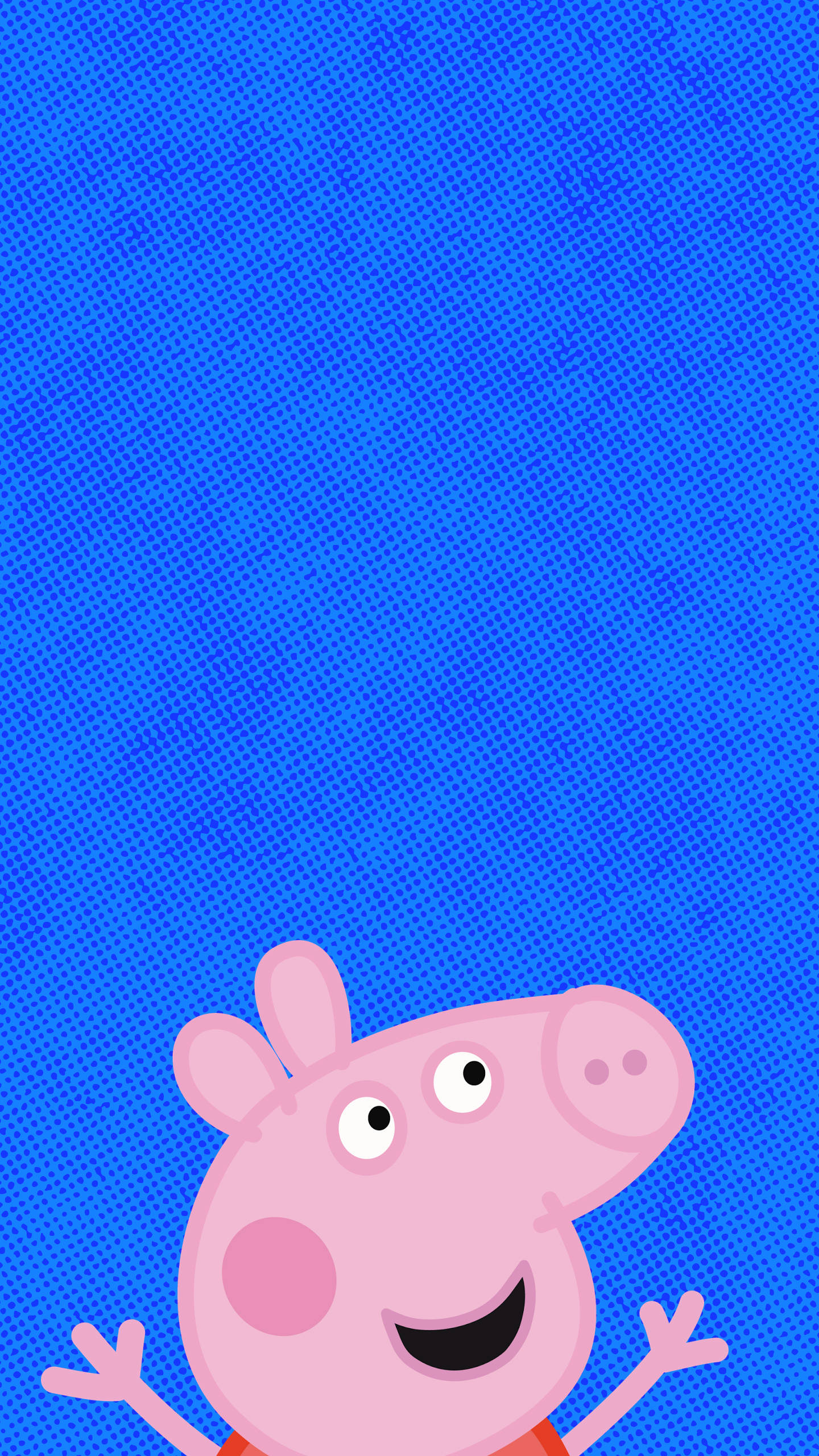 Peppa 桌布 壁紙 — Peppa Pig 在帶有紋理的藍色背景上舉起雙臂，開心地微笑。