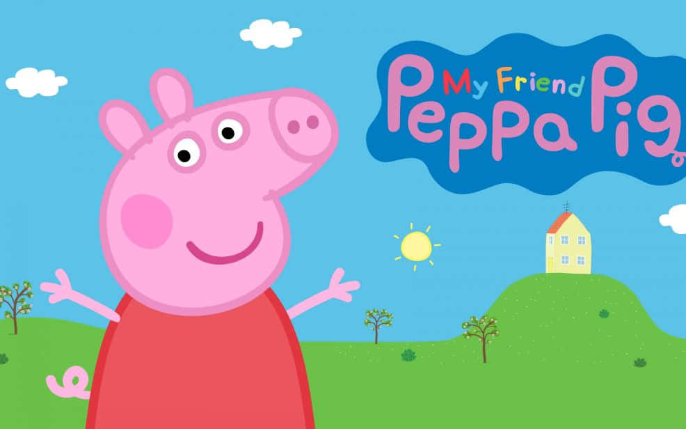 Granny Pig 桌布 壁紙 — Peppa Pig 在明亮的卡通風景中愉快地微笑，藍天下綠色山丘上有一座黃色房子。