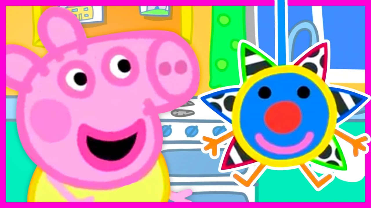 Baby Alexander 桌布 壁紙 — Peppa Pig 在明亮的卡通房間裡，在一個色彩繽紛的星星形小丑角色旁邊微笑。