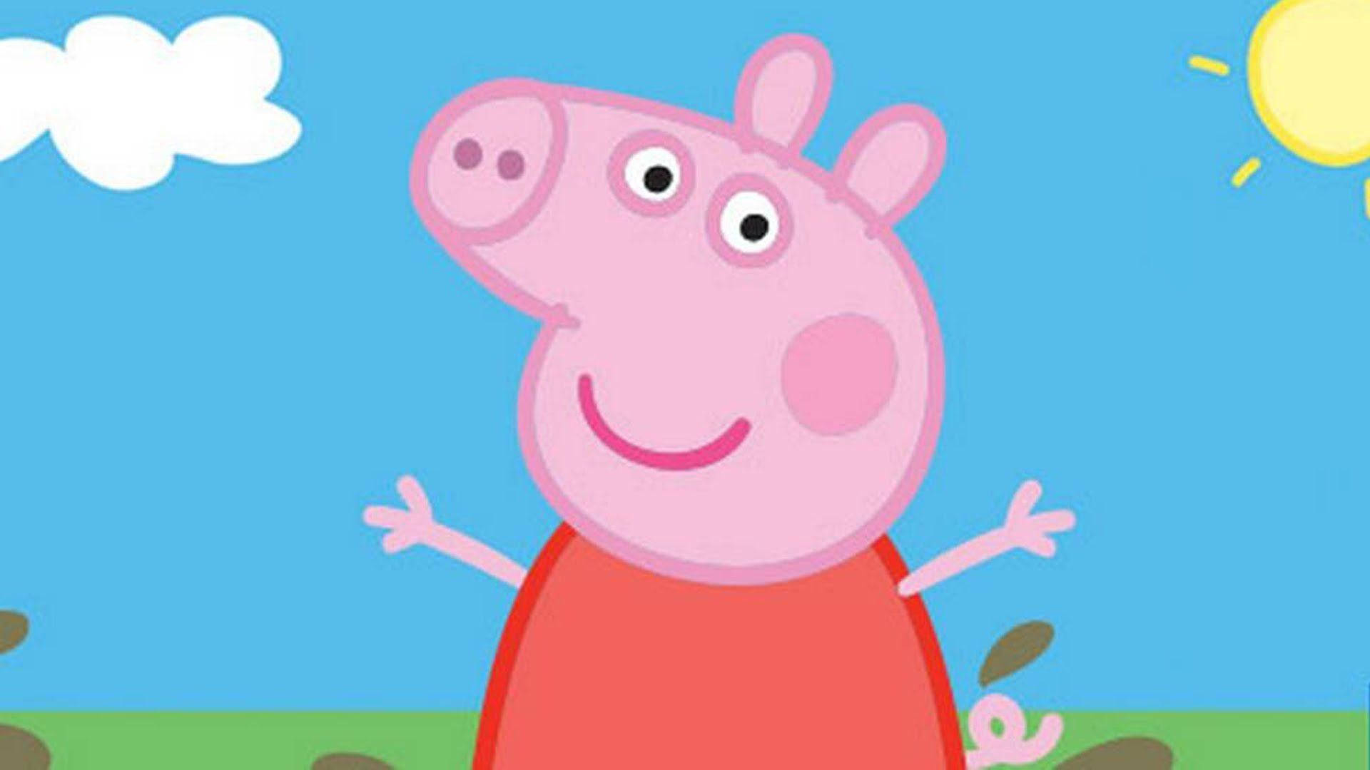 peppa pig desktop 桌布 壁紙 — Peppa Pig 在明亮的太陽和藍天下開心地微笑，雙臂伸展。