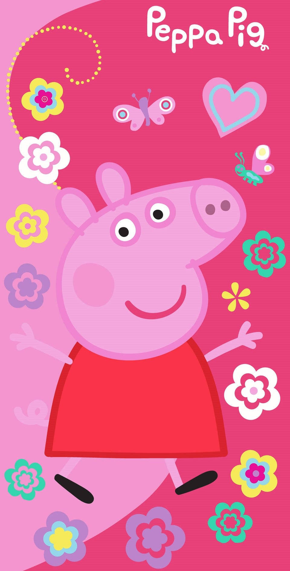 peppa pig iPhone 桌布 壁紙 — Peppa Pig 在明亮的粉紅色背景上被色彩繽紛的花朵、蝴蝶和心形環繞，開心地微笑。