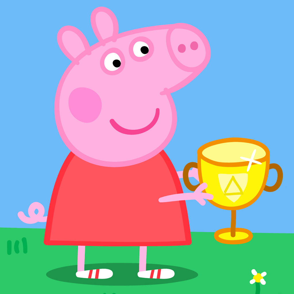 Peppa 桌布 壁紙 — Peppa Pig 在明亮的藍天和綠草背景下自豪地微笑著拿著一個金色獎盃。