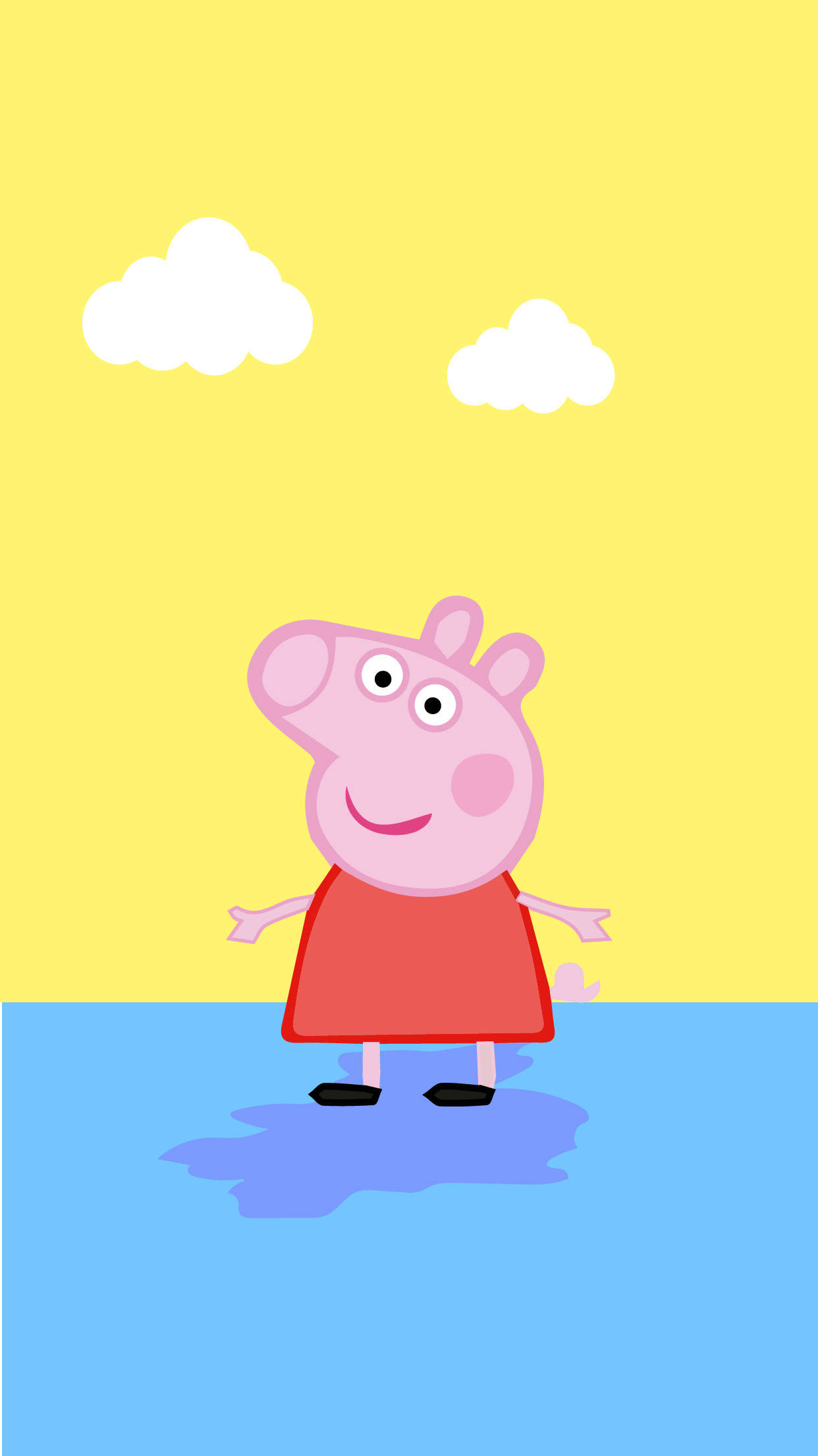 peppa pig iPhone 桌布 壁紙 — Peppa Pig 在明亮的黃色天空下，帶著兩朵蓬鬆的白雲，開心地站在水坑裡。