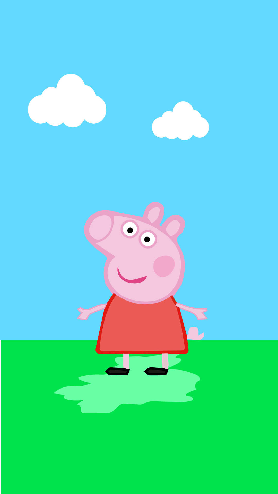 Peppa Pig 穿著紅色連衣裙，在藍天白雲下的綠色草地上微笑。 — 佩佩豬 GIF 壁紙