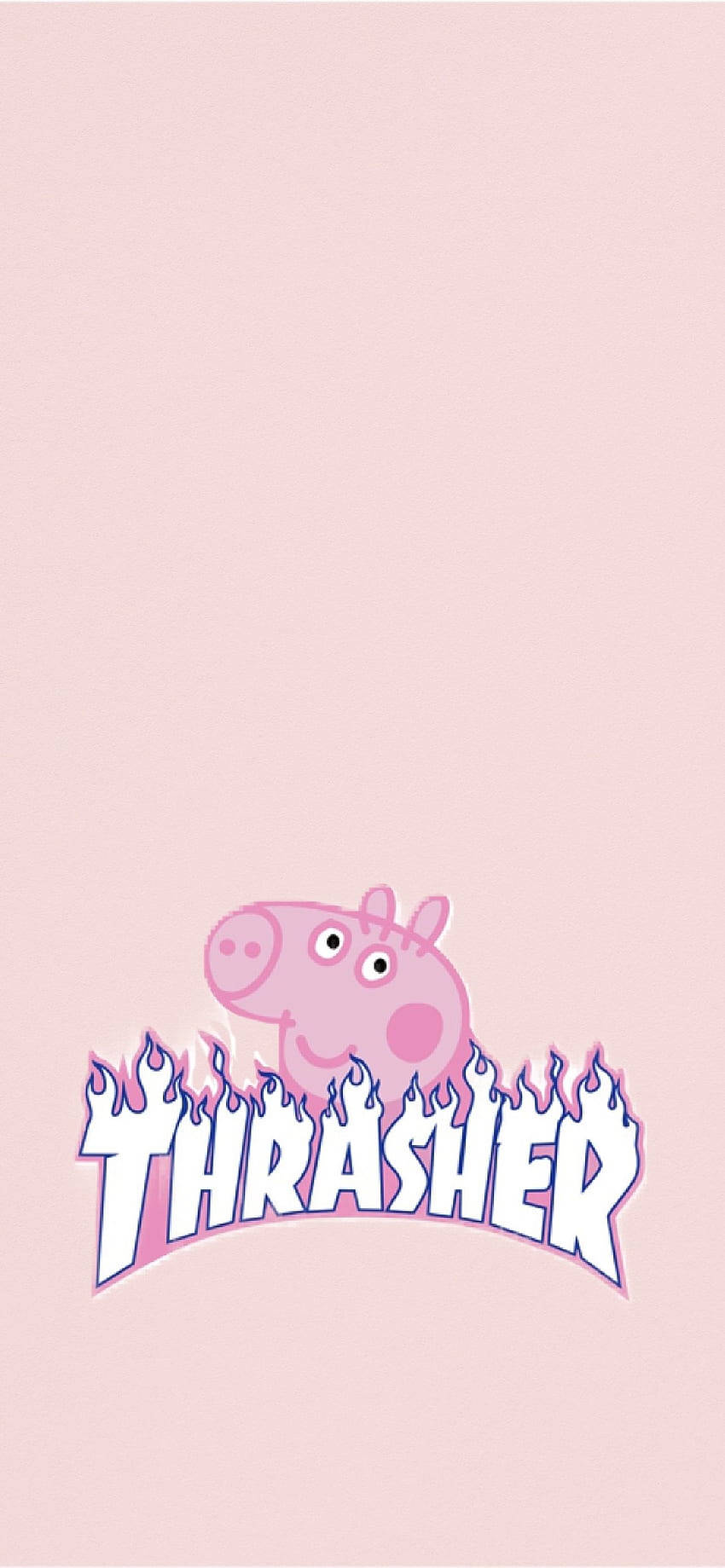 Baddie Peppa Pig 桌布 壁紙 — Peppa Pig 在柔軟粉紅色背景上，於燃燒的Thrasher標誌上方微笑。