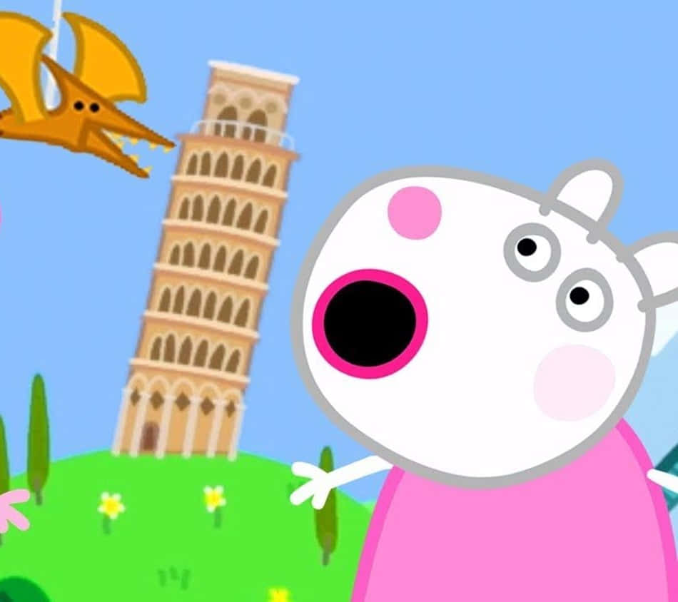 Suzy Sheep 桌布 壁紙 — Peppa Pig 在比薩斜塔附近，在晴朗的藍天下，震驚地看著一隻飛行的恐龍。