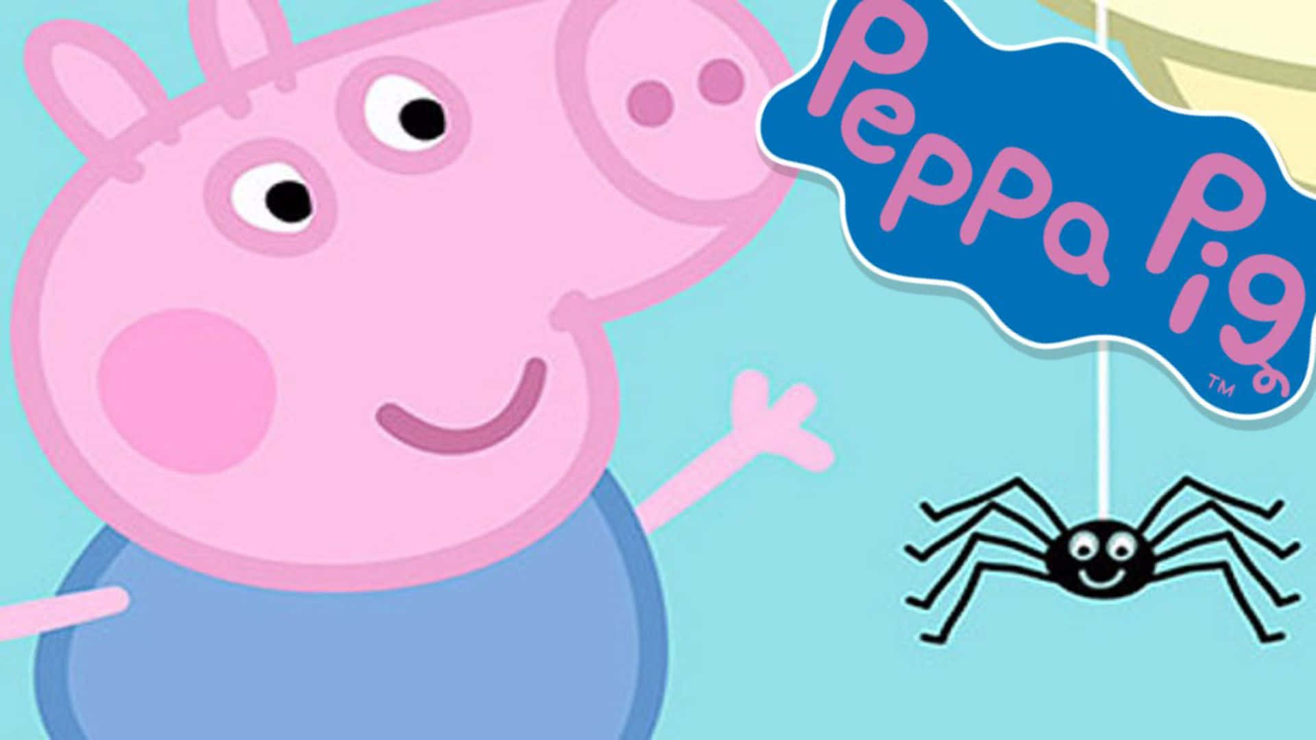 George Pig 桌布 壁紙 — Peppa Pig 在淺藍色背景前，在微笑的蜘蛛和她的節目標誌旁邊開心地微笑。