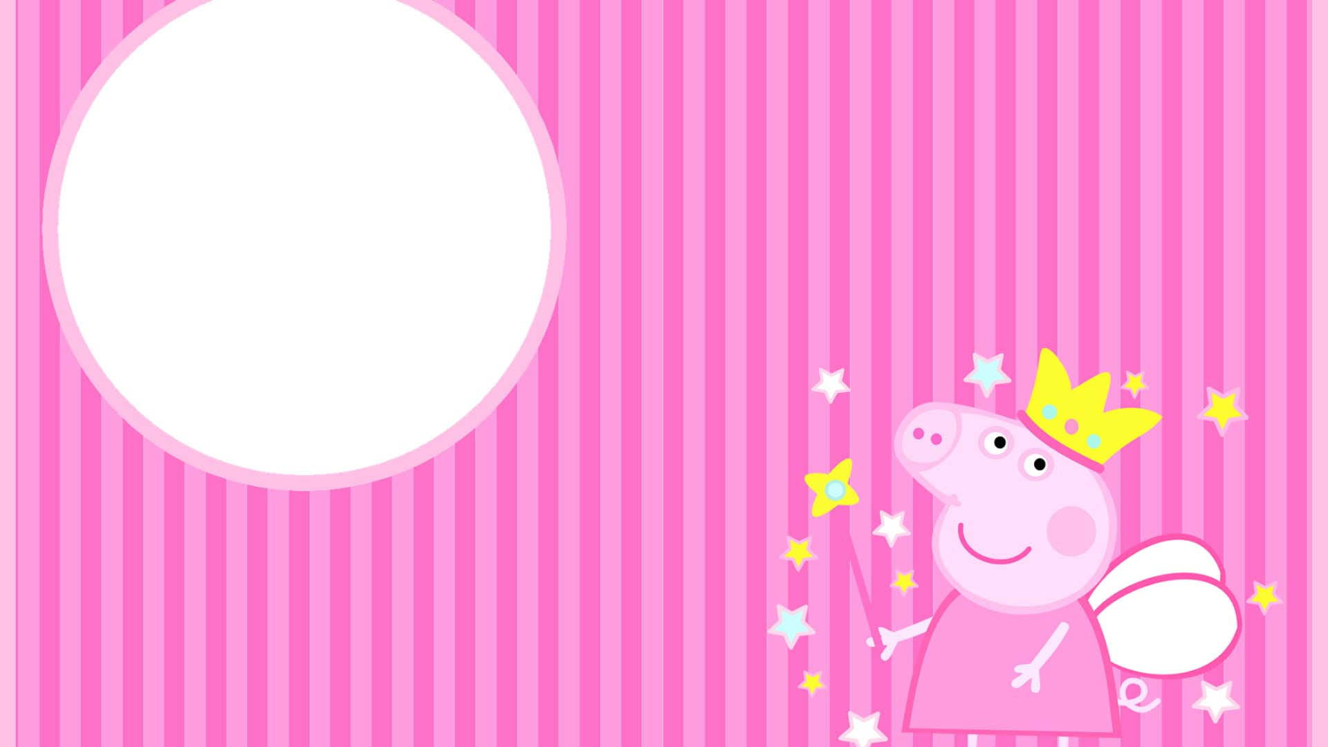Peppa 桌布 壁紙 — Peppa Pig 在粉紅色條紋背景中扮演仙女，手持魔杖，周圍環繞著彩色星星。