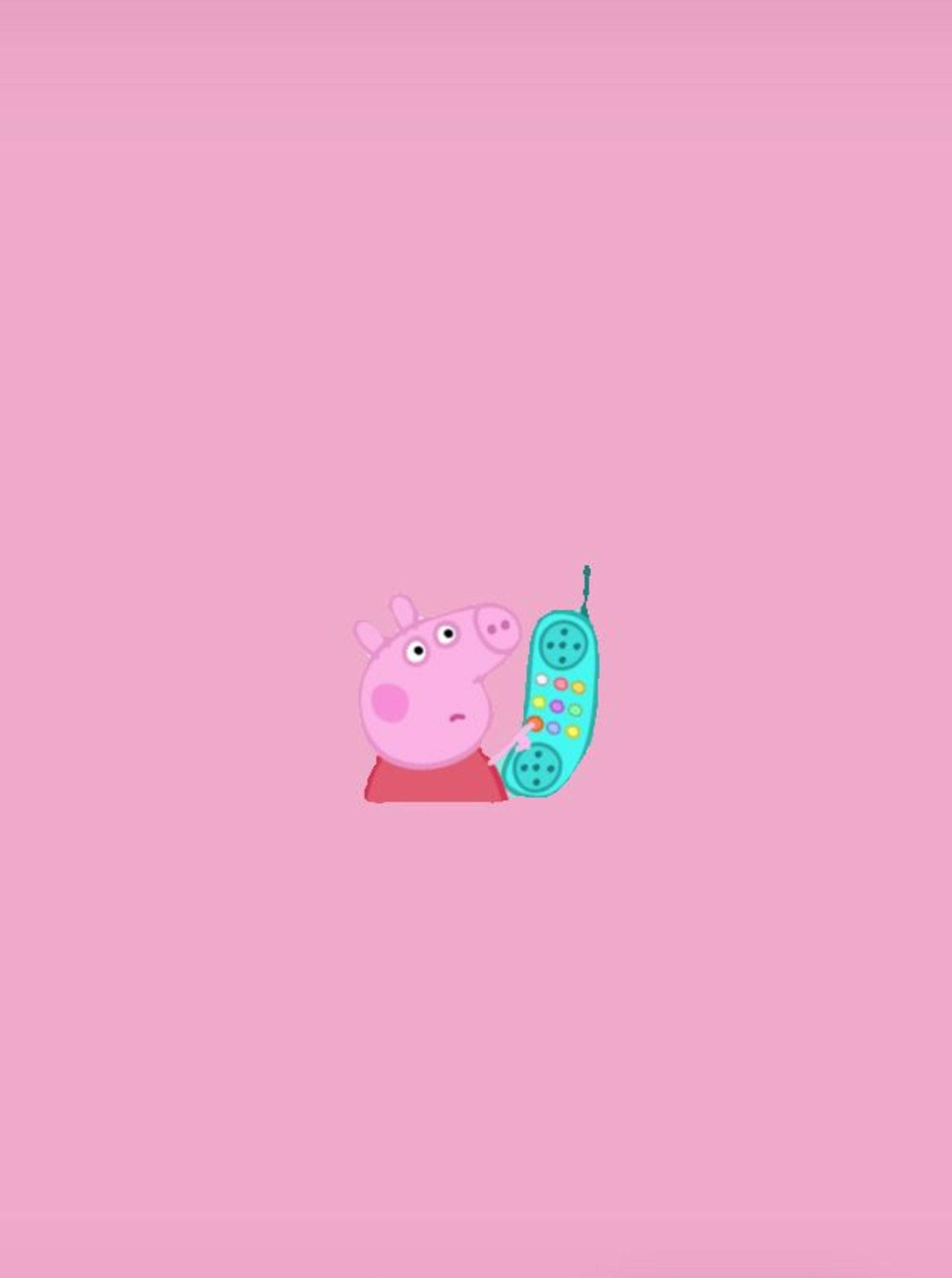 佩佩豬 桌布 壁紙 — Peppa Pig 在純粉紅色背景上以極簡卡通風格手持一個青綠色復古電話。