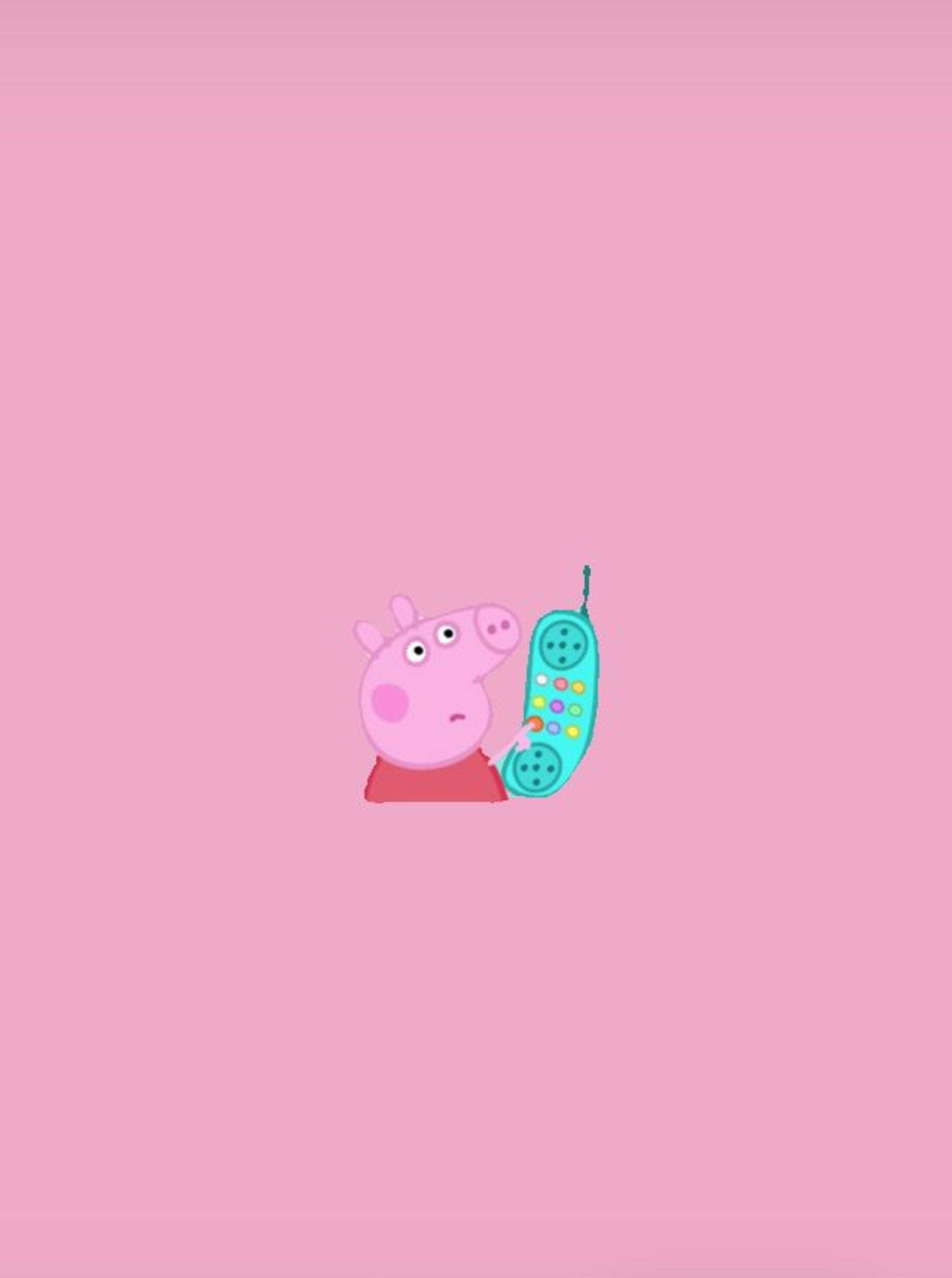 佩佩豬 桌布 壁紙 — Peppa Pig 在純粉紅色背景上，以極簡卡通風格手持一個青綠色復古電話。