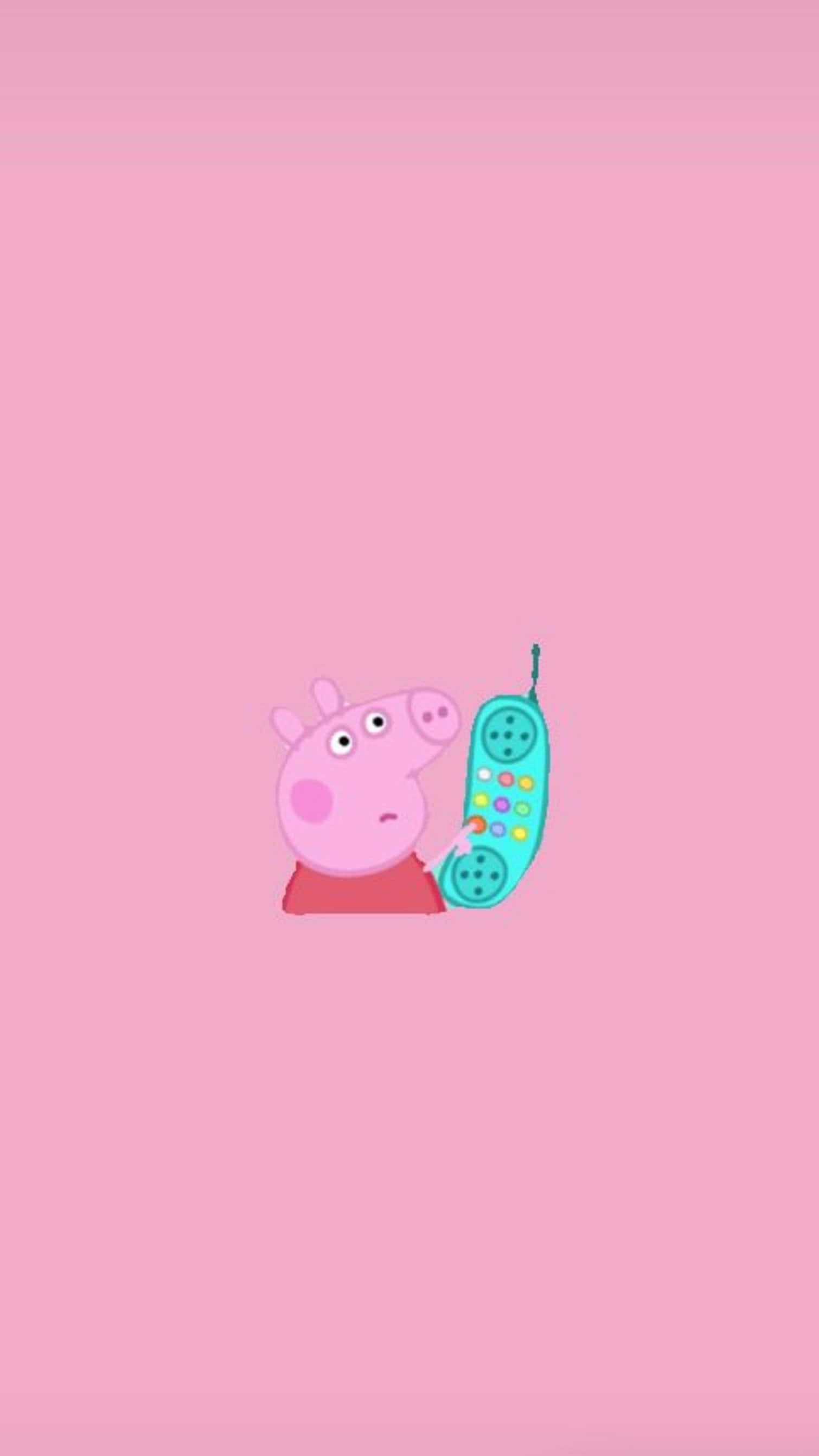 Vsco 桌布 壁紙 — Peppa Pig 在純粉色背景上拿著一個色彩繽紛的玩具電話，這是一幅極簡的數位插圖。