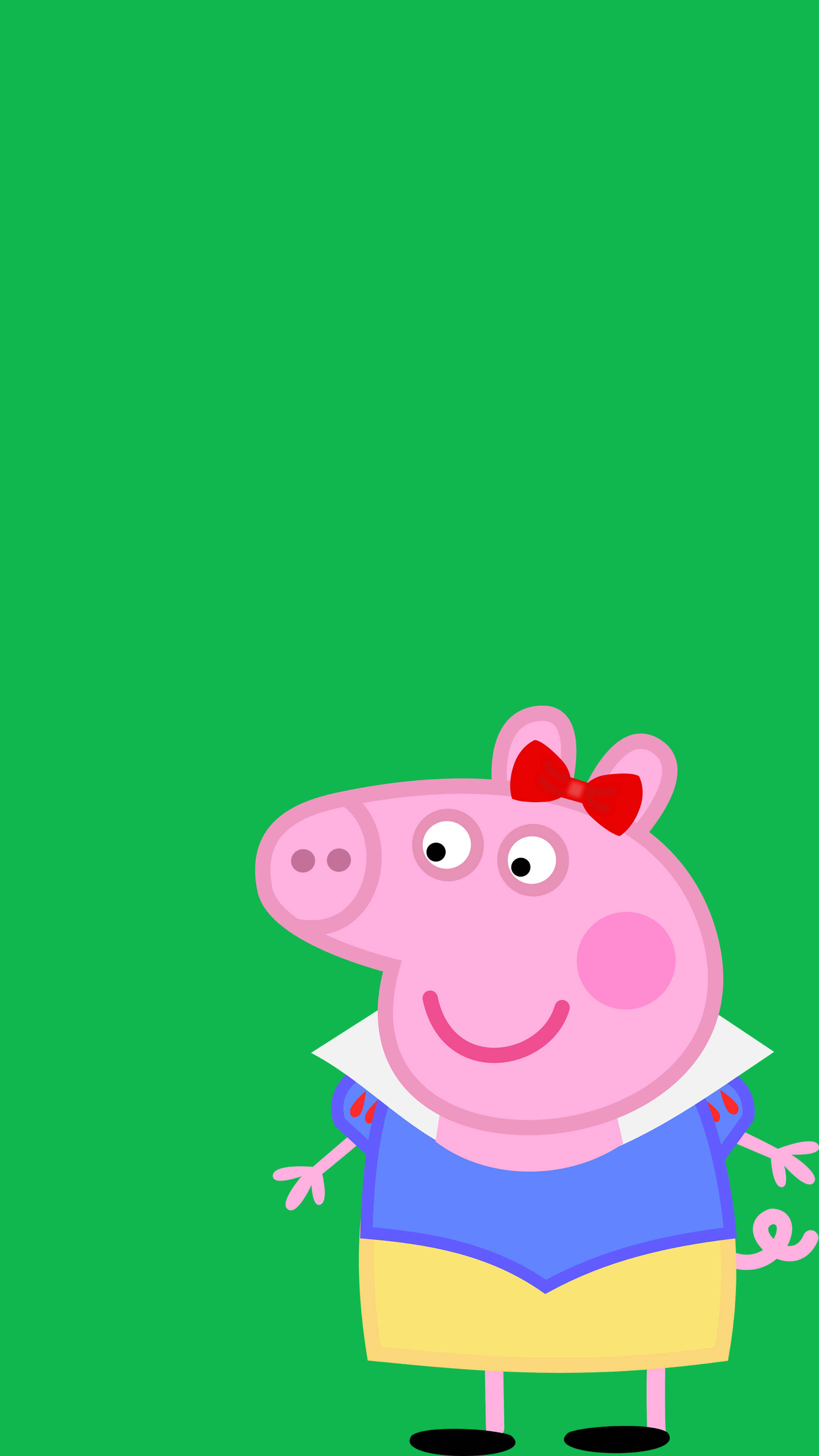 Peppa 桌布 壁紙 — Peppa Pig 在純綠色背景前開心微笑，身穿藍黃色衣服，戴著紅色蝴蝶結。