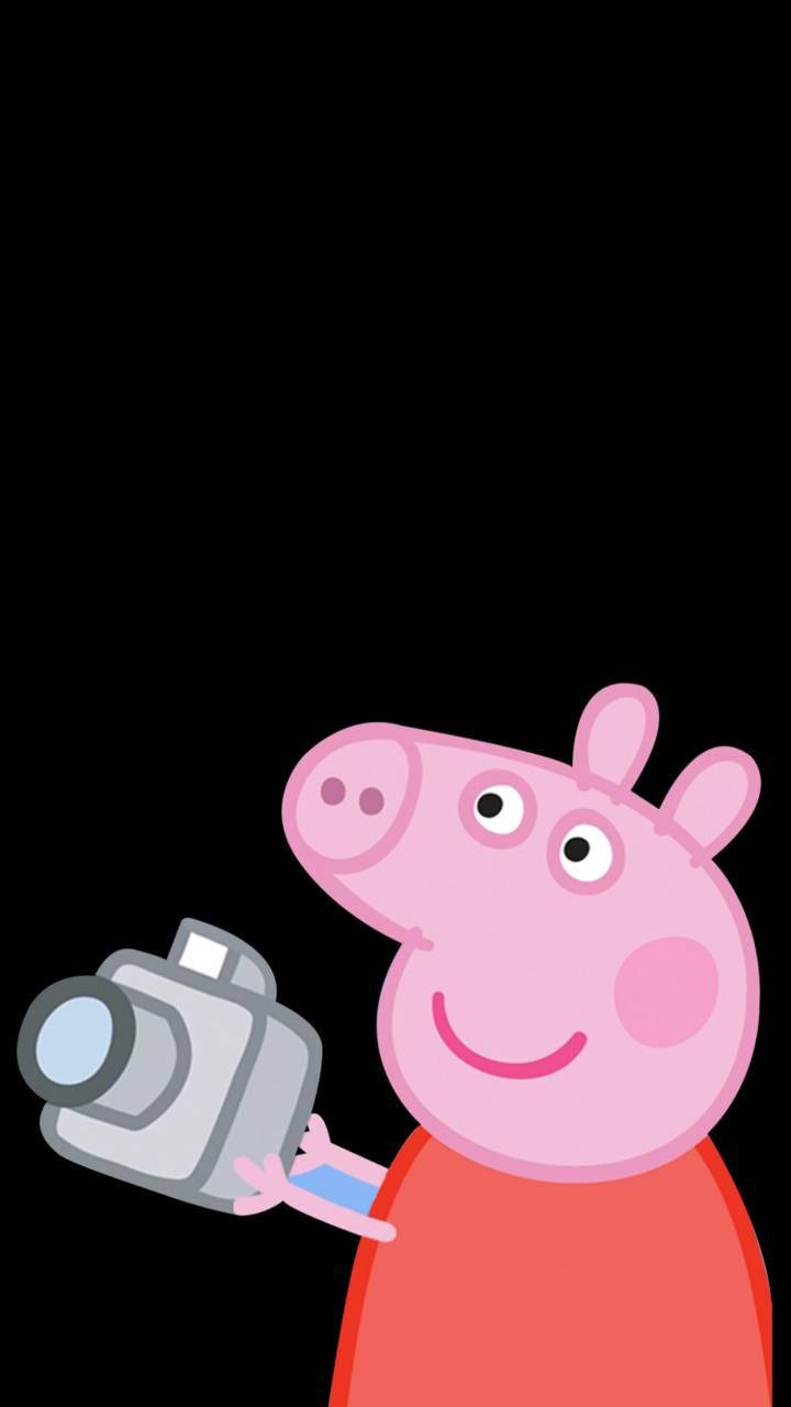 Peppa 桌布 壁紙 — Peppa Pig 在純黑色背景前微笑著拿著相機。