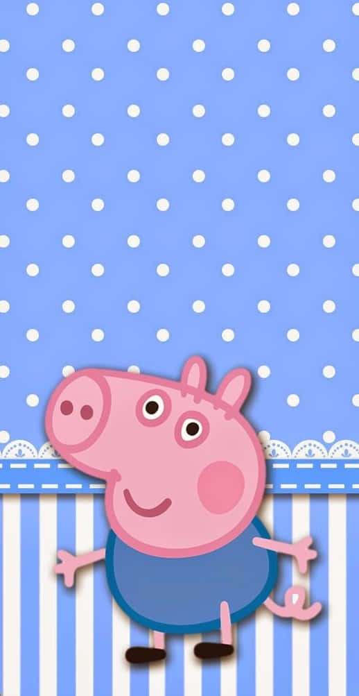 George Pig 桌布 壁紙 — Peppa Pig 在藍色圓點和條紋背景上開心地微笑。