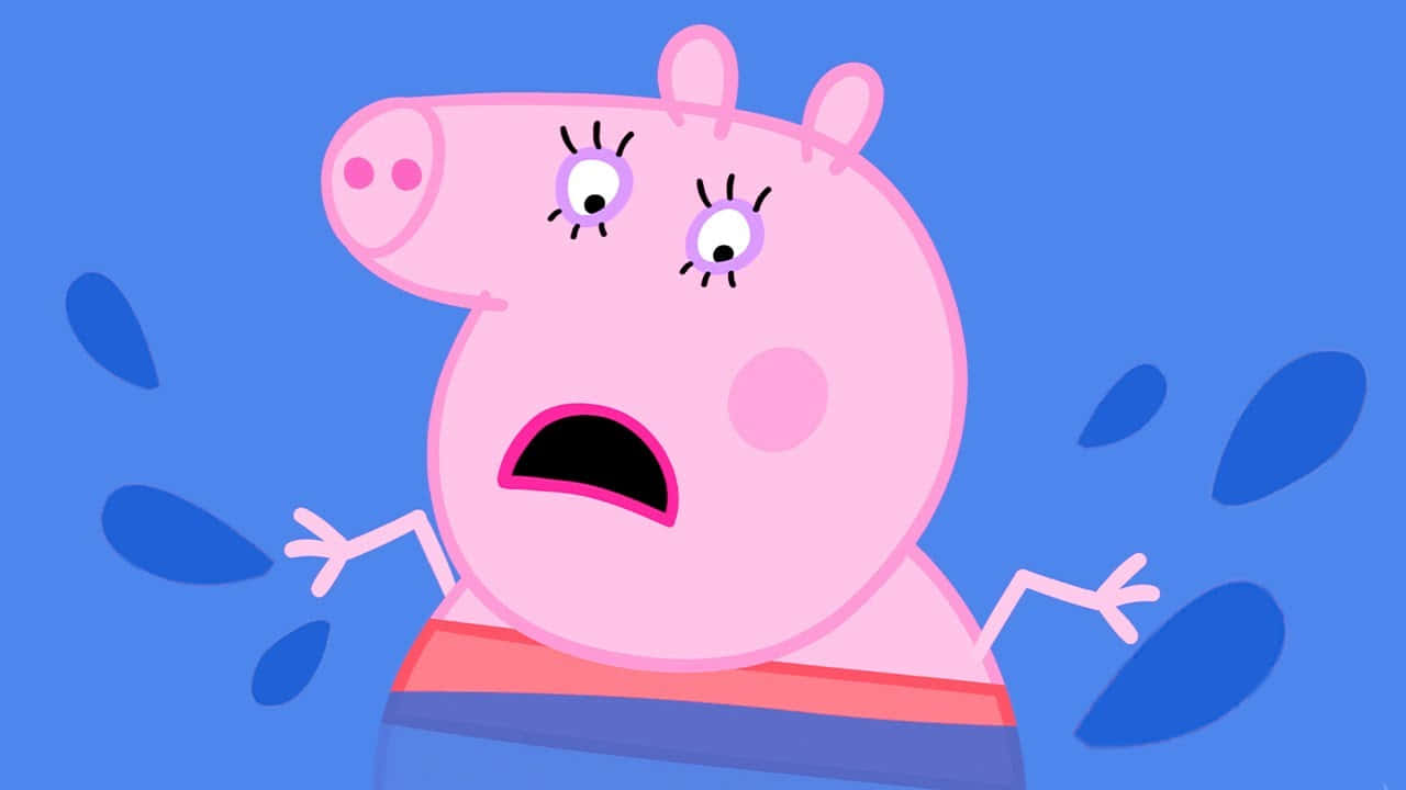 Mummy Pig 桌布 壁紙 — Peppa Pig 在藍色背景上，有水珠，瞪大眼睛、張開嘴巴，顯得很震驚。