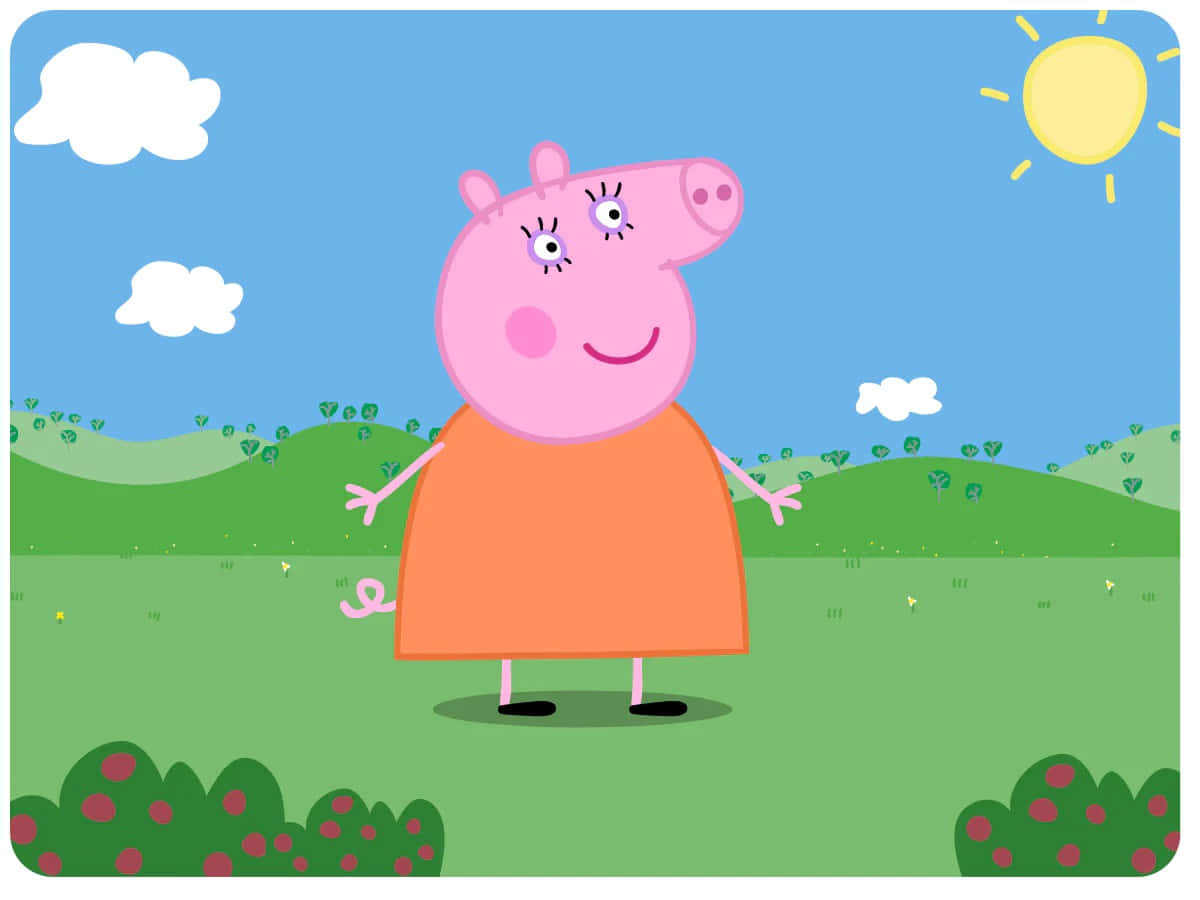 Mummy Pig 桌布 壁紙 — Peppa Pig 在陽光明媚的綠色田野中，在有蓬鬆雲朵和微笑太陽的明亮藍天下快樂地站著。