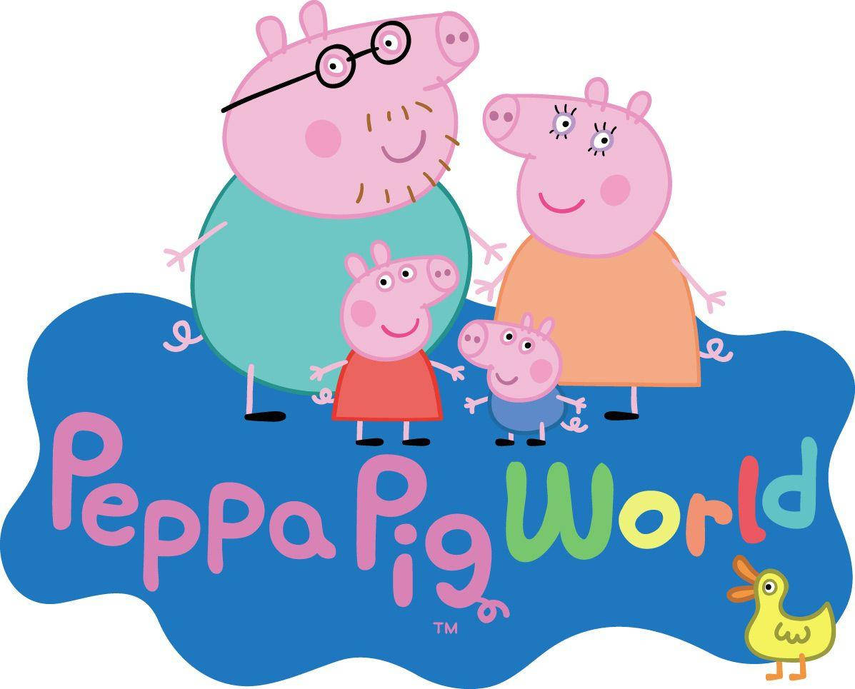 Peppa Pig 家庭卡通角色與一隻黃色鴨子和彩色文字微笑。 — 佩佩豬 GIF 壁紙