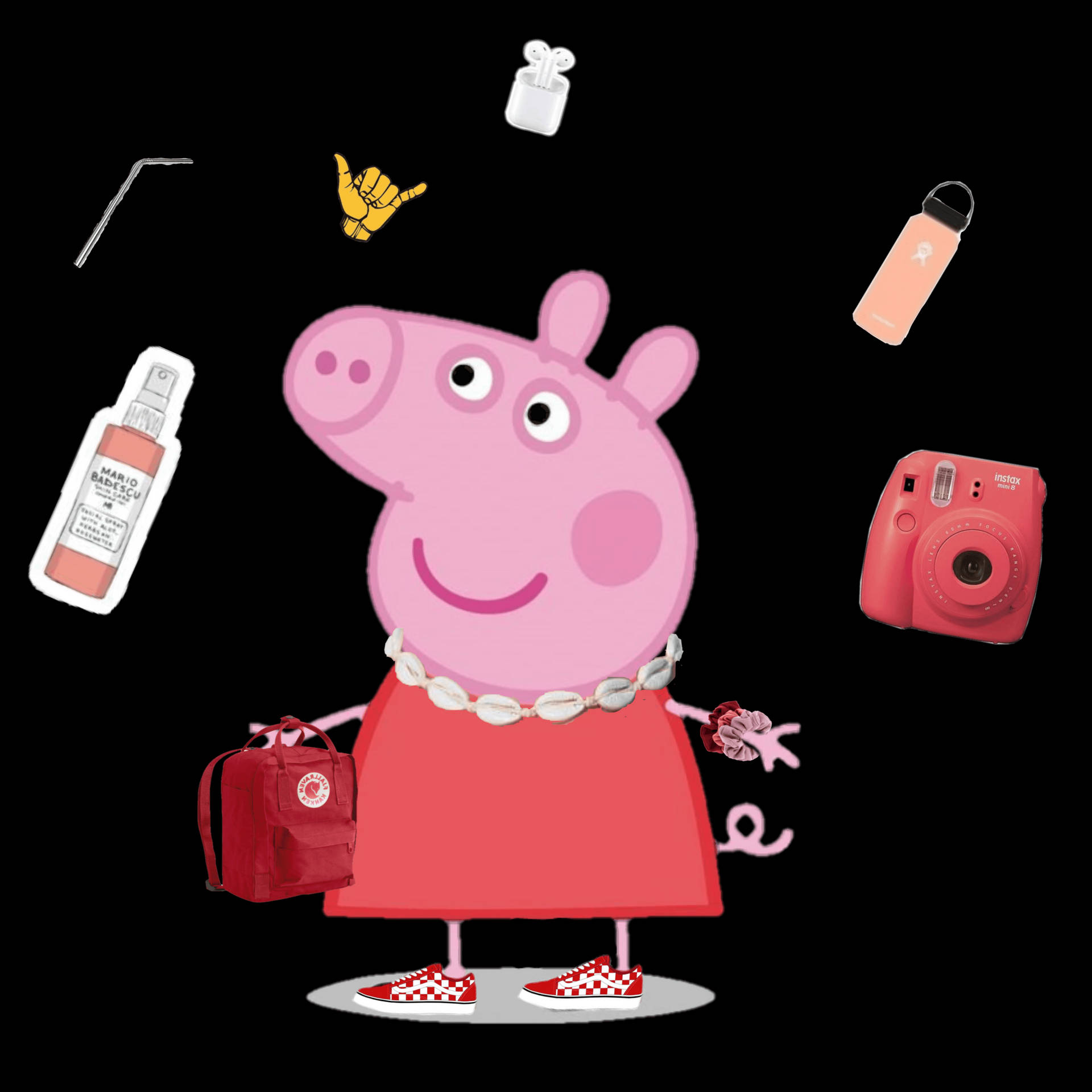 佩佩豬 桌布 壁紙 — Peppa Pig 微笑站立，周圍漂浮著相機、水壺和耳機等時尚物品。