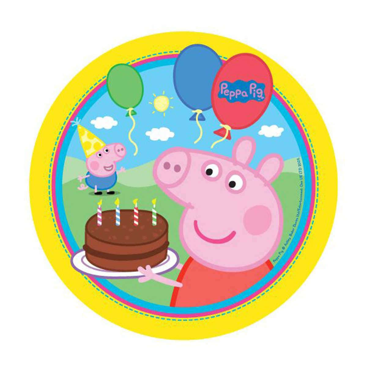 佩佩豬 桌布 壁紙 — Peppa Pig 微笑著拿著一個帶有蠟燭的巧克力蛋糕，而 George 戴著派對帽在背景的氣球下玩耍。