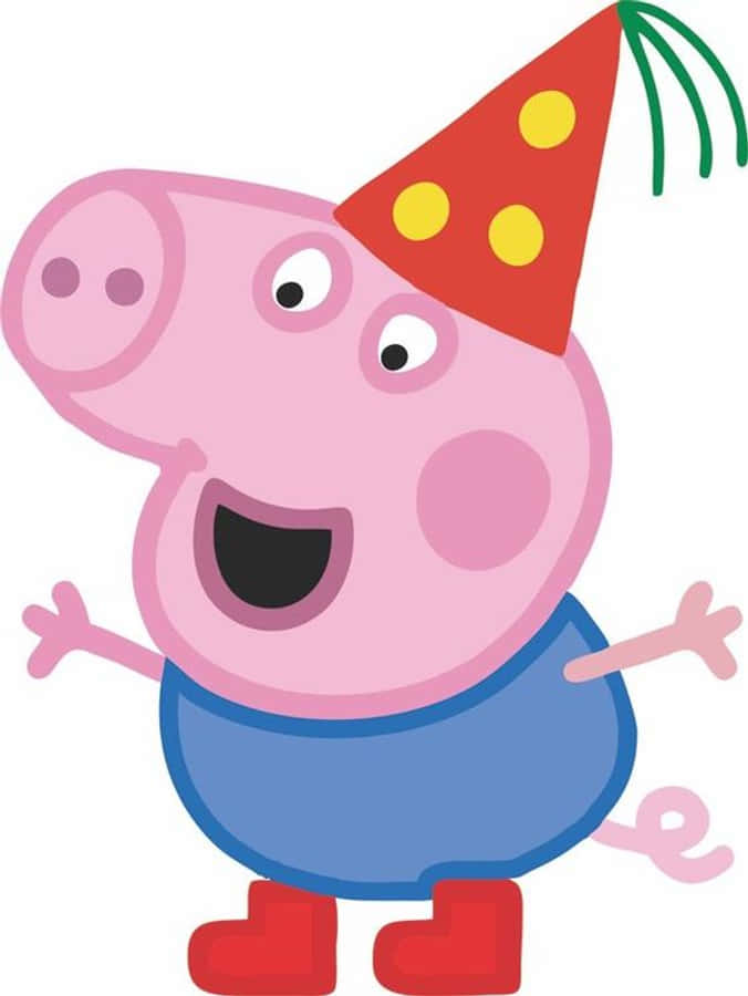 George Pig 桌布 壁紙 — Peppa Pig 戴著一頂帶有黃色圓點和綠色彩帶的紅色派對帽，身穿藍色連衣裙和紅色靴子，開心地微笑。
