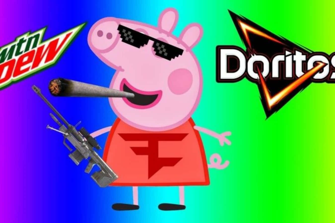 Peppa Pig 戴著太陽眼鏡和步槍，站在彩虹背景前，背景有Mountain Dew和Doritos標誌。 — 佩佩豬 GIF 壁紙