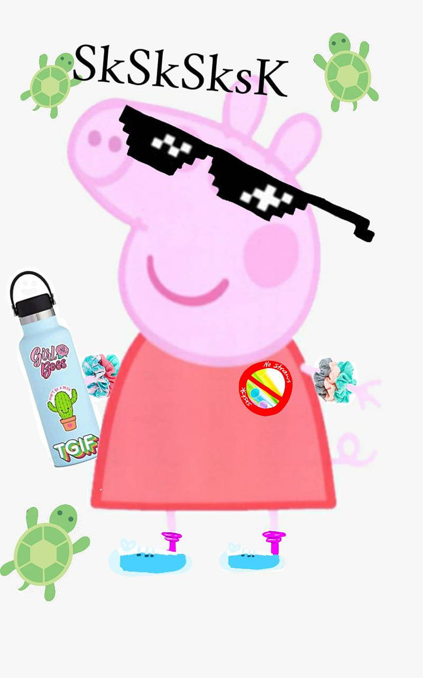 Baddie Peppa Pig 桌布 壁紙 — Peppa Pig 戴著像素化太陽眼鏡和粉紅色連衣裙，被綠色烏龜和仙人掌水壺包圍。