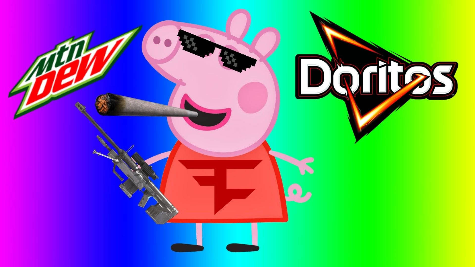 meme 桌布 壁紙 — Peppa Pig 戴著像素化太陽眼鏡，手持步槍和煙卷，背景是彩虹漸變，並有 Mountain Dew 和 Doritos 標誌。