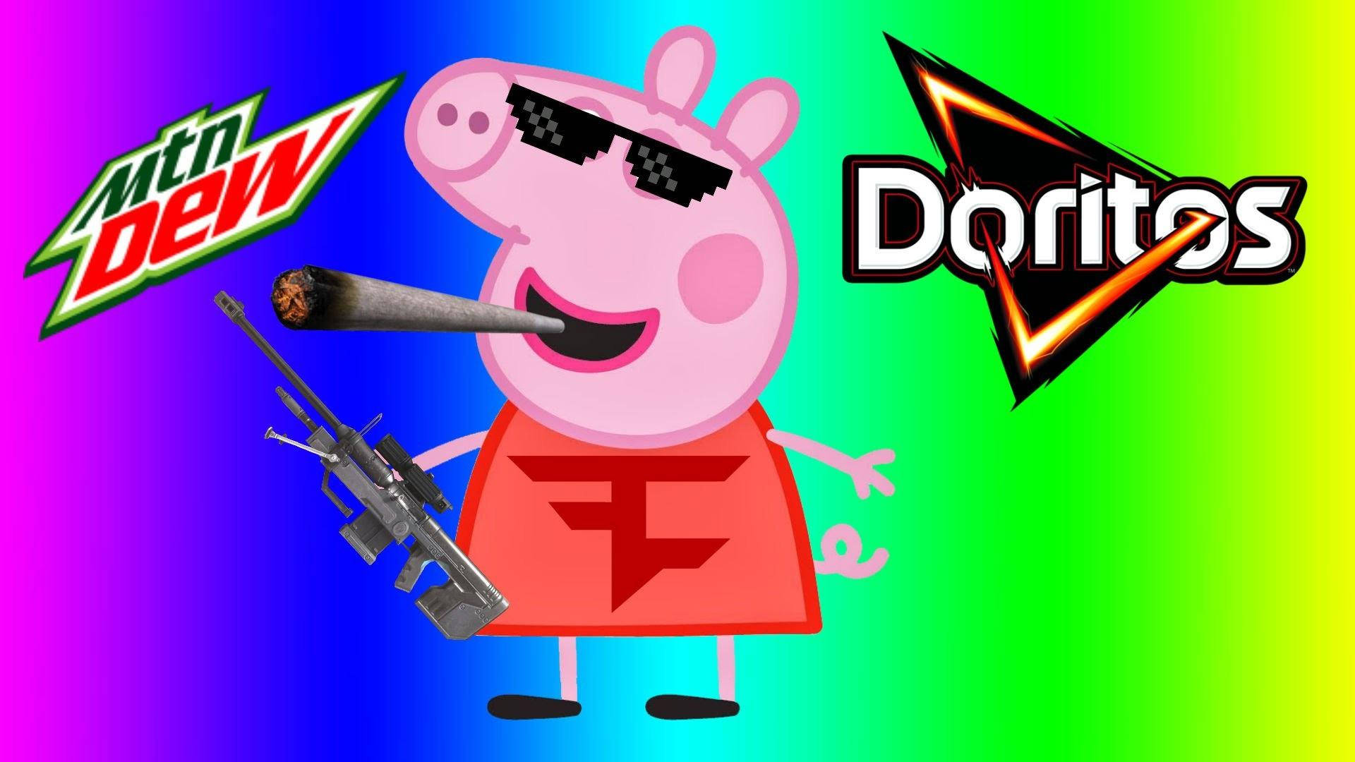 Peppa 桌布 壁紙 — Peppa Pig 戴著太陽眼鏡和紅色連衣裙，拿著一支步槍和點燃的大麻煙，站在彩虹漸變背景前，背景有Mountain Dew和Doritos標誌。