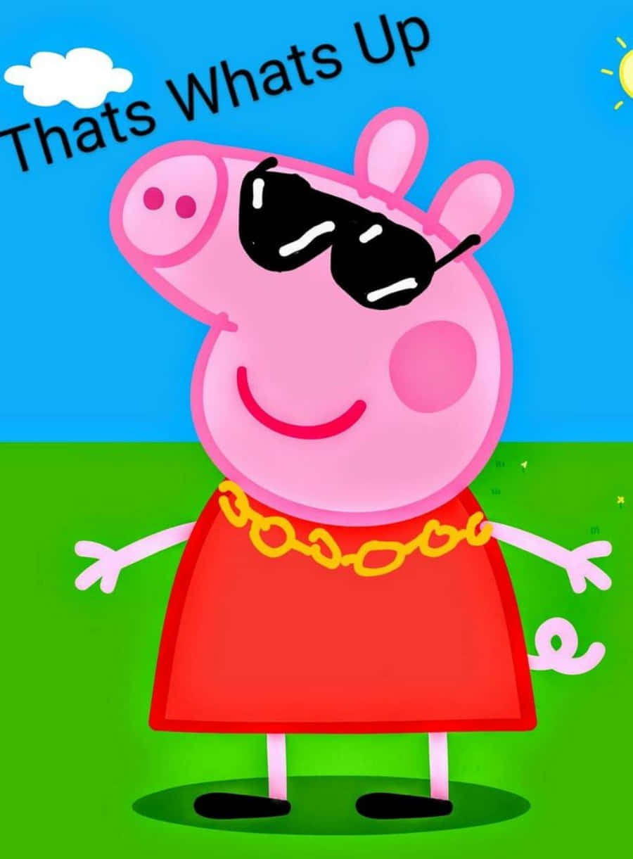 Peppa Pig Funny 桌布 壁紙 — Peppa Pig 戴著太陽眼鏡和金鏈，在藍天白雲和陽光下的明亮綠色田野上微笑。