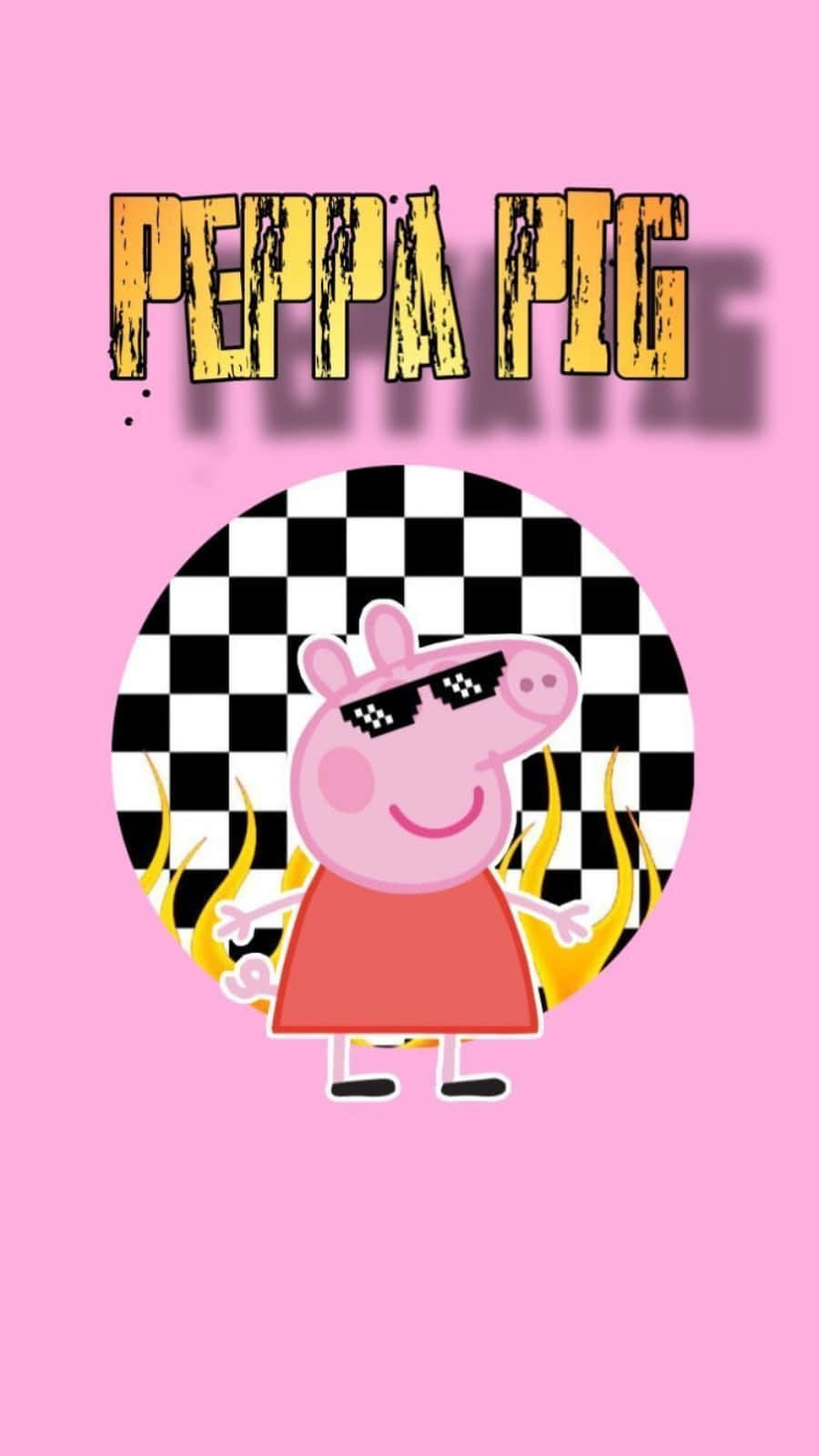Peppa Pig 戴太陽眼鏡，身後有火焰，背景是粉紅色。 — 佩佩豬 GIF 壁紙
