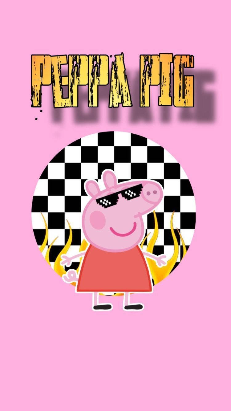 Baddie Peppa Pig 桌布 壁紙 — Peppa Pig 戴著太陽眼鏡，站在一個有火焰的格子圓圈前，背景是粉紅色。