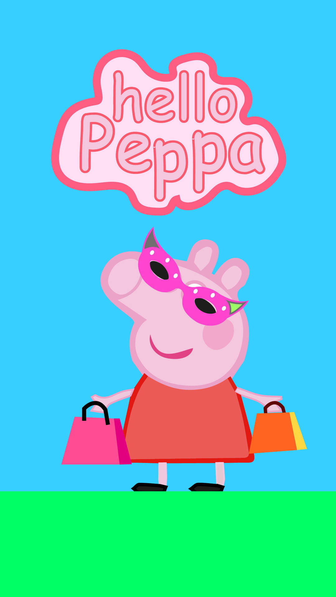  壁紙 — Peppa Pig 戴著粉紅色太陽眼鏡，在藍天綠地的背景下，拿著購物袋，上方有「哈囉 Peppa」對話氣泡。