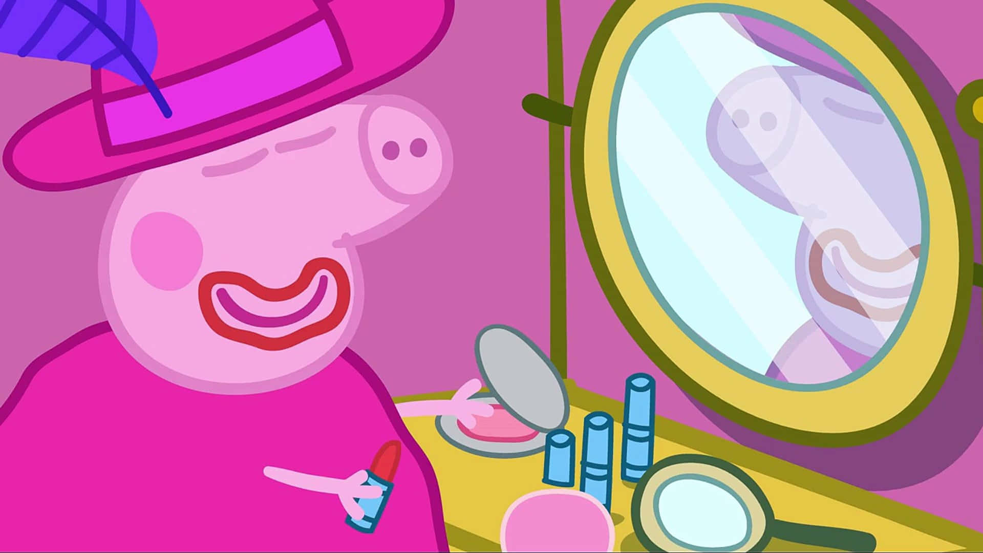 Peppa Pig Funny 桌布 壁紙 — Peppa Pig 戴著粉紅色帽子，在化妝品環繞的梳妝檯前塗口紅，面帶微笑。