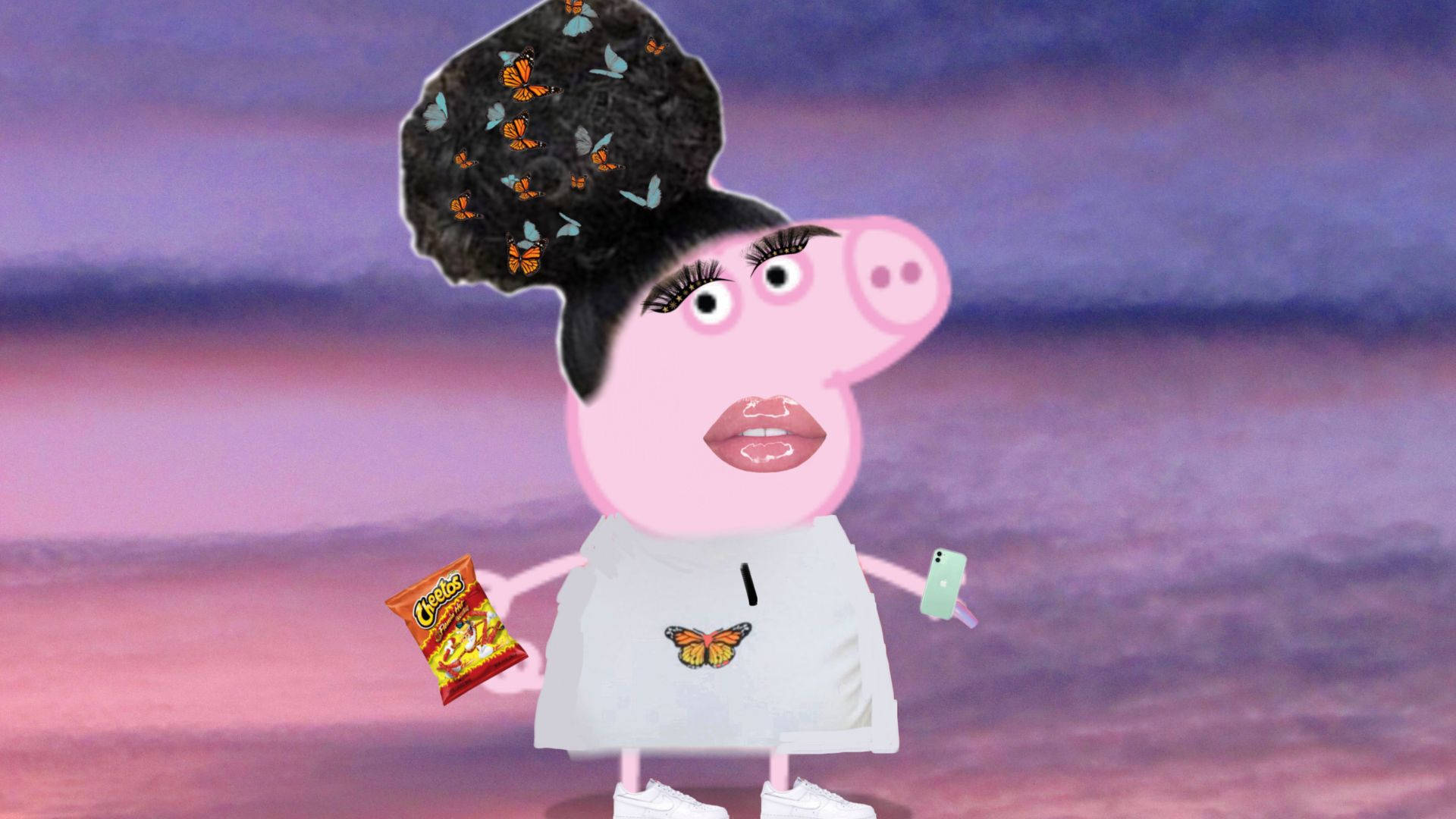 壞女孩頭貼 桌布 壁紙 — Peppa Pig 戴著蝴蝶裝飾的爆炸頭，拿著奇多和電話，背景是紫色日落天空。