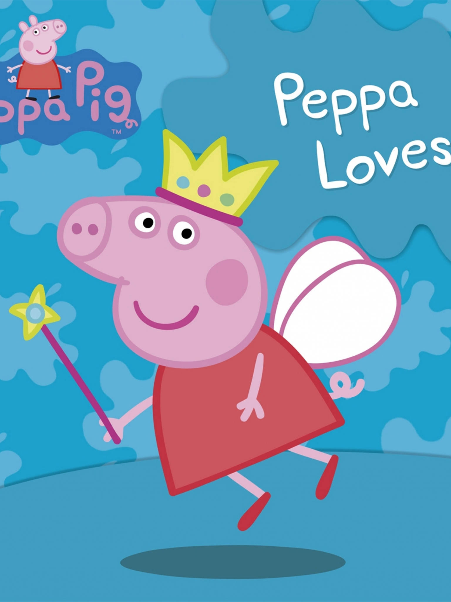 佩佩豬 桌布 壁紙 — Peppa Pig 打扮成仙女，戴著皇冠、拿著魔杖和翅膀，在藍色背景上開心地微笑。