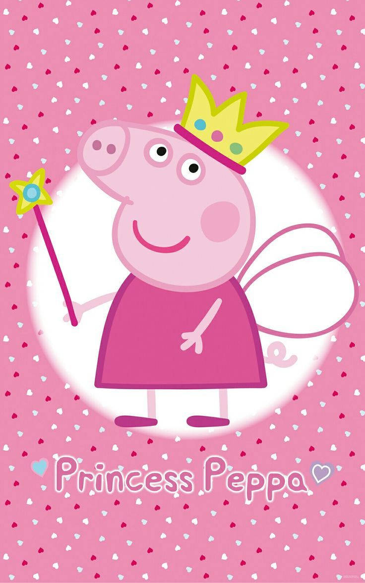 佩佩豬 桌布 壁紙 — Peppa Pig 打扮成仙女公主，戴著皇冠、拿著魔法棒和翅膀，背景是粉紅色愛心圖案。