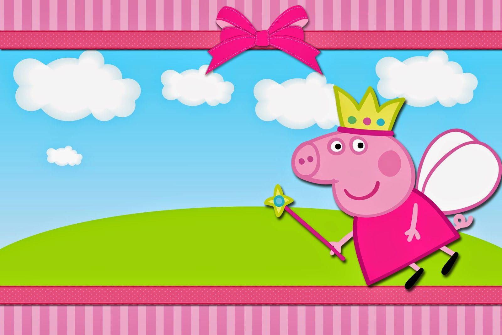 peppa pig desktop 桌布 壁紙 — Peppa Pig 打扮成仙女公主，戴著皇冠、拿著魔杖、有翅膀，站在藍天白雲下的綠色山丘上。