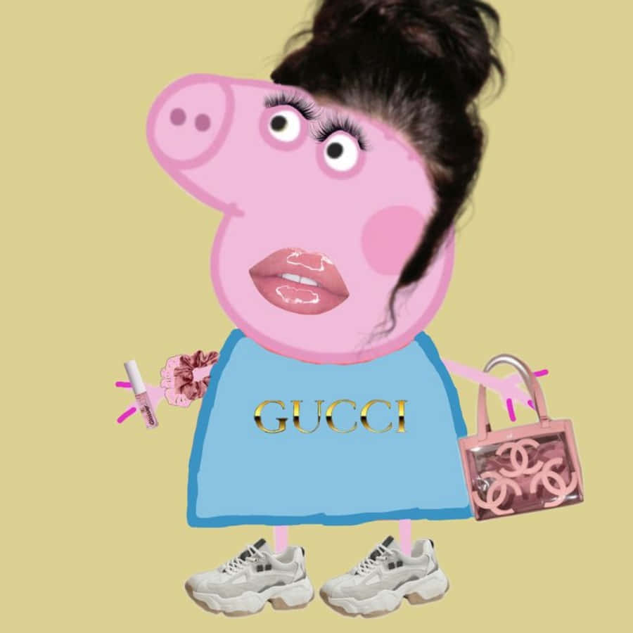 Cartoon 桌布 壁紙 — Peppa Pig 打扮成時尚影響者，身穿奢侈品牌和超大運動鞋，背景為米色。