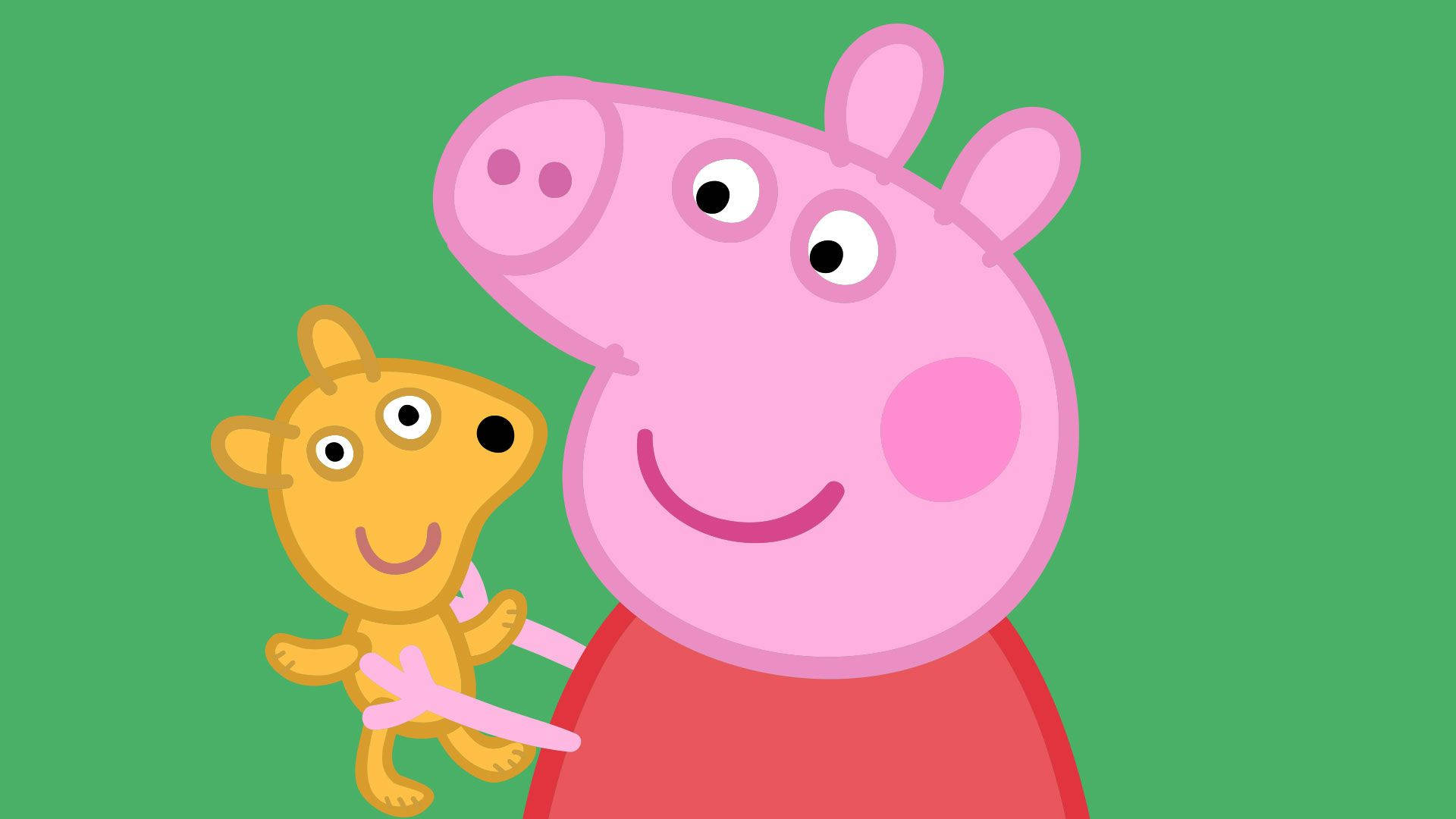 佩佩豬 桌布 壁紙 — Peppa Pig 溫暖地微笑，手裡拿著她的黃色泰迪熊，背景是純綠色。