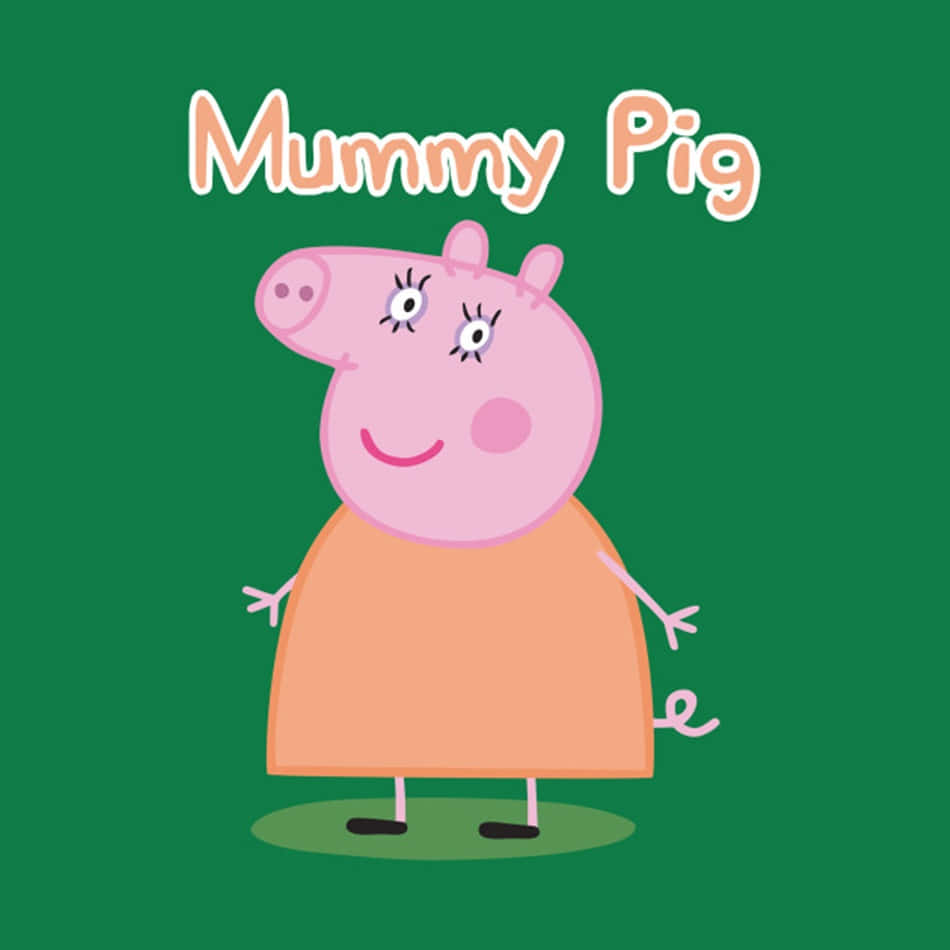 Mummy Pig 桌布 壁紙 — Peppa Pig 的媽咪豬在純綠色背景前，穿著橙色連身裙開心地微笑。