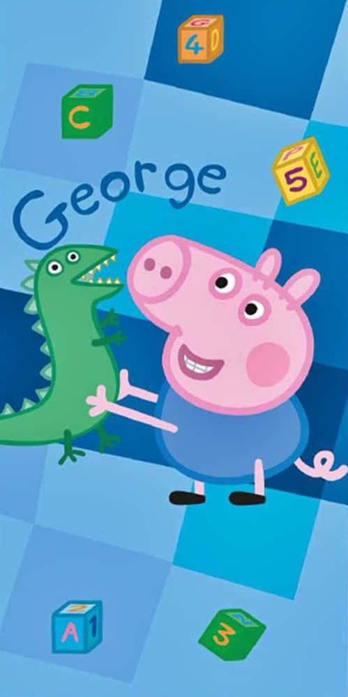 George Pig 桌布 壁紙 — Peppa Pig 的弟弟 George 微笑著，手持綠色恐龍玩具，周圍是色彩繽紛的字母和數字積木，背景為藍色格子圖案。