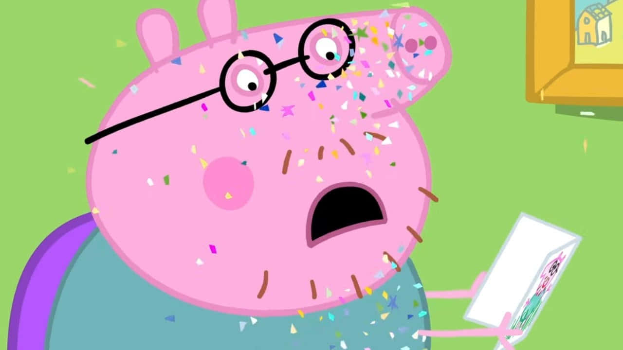 Daddy Pig 桌布 壁紙 — Peppa Pig 的爸爸被五彩紙屑覆蓋，拿著卡片時顯得很驚訝。