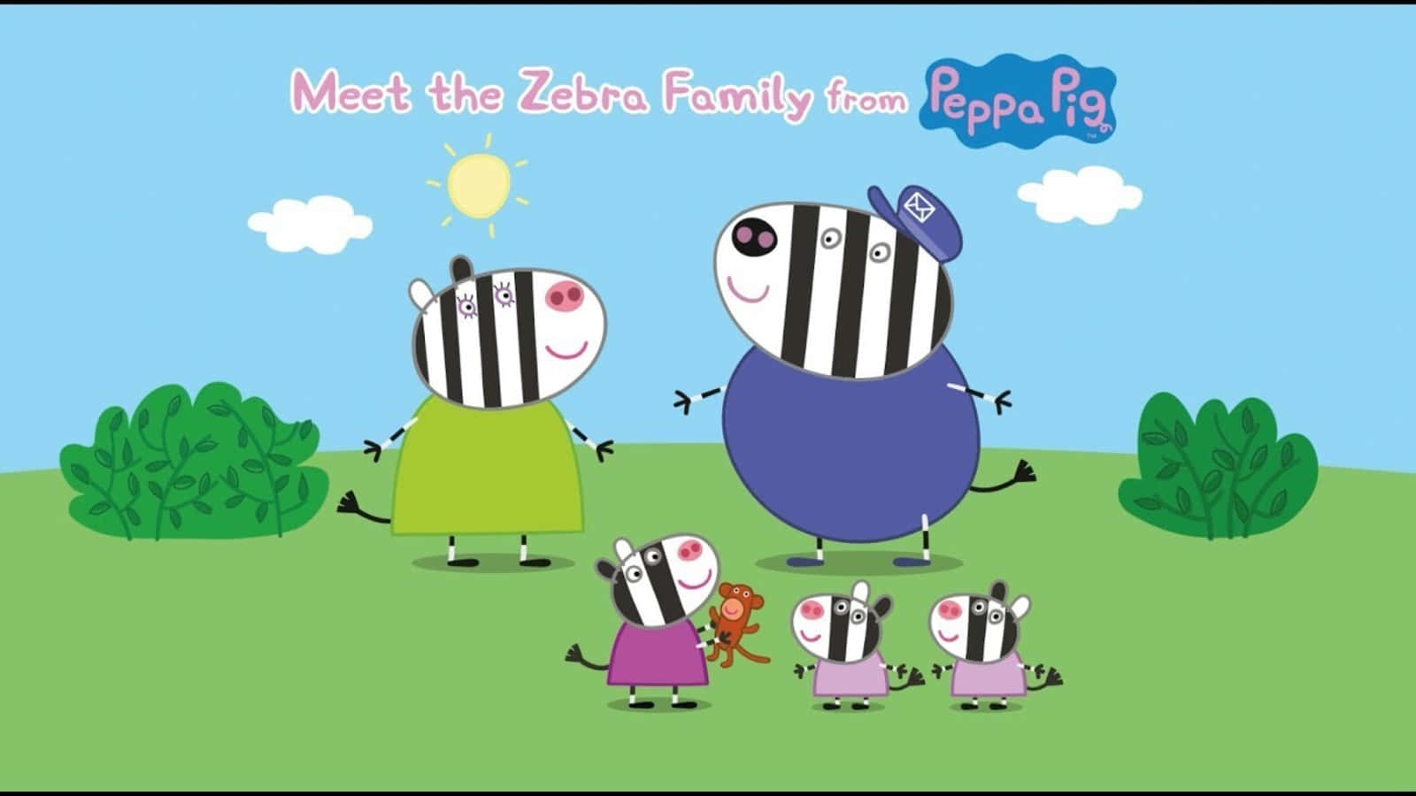 Zoe Zebra 桌布 壁紙 — Peppa Pig 的開心斑馬家庭站在綠色草地上，在有 fluffy 雲的晴朗藍天下。