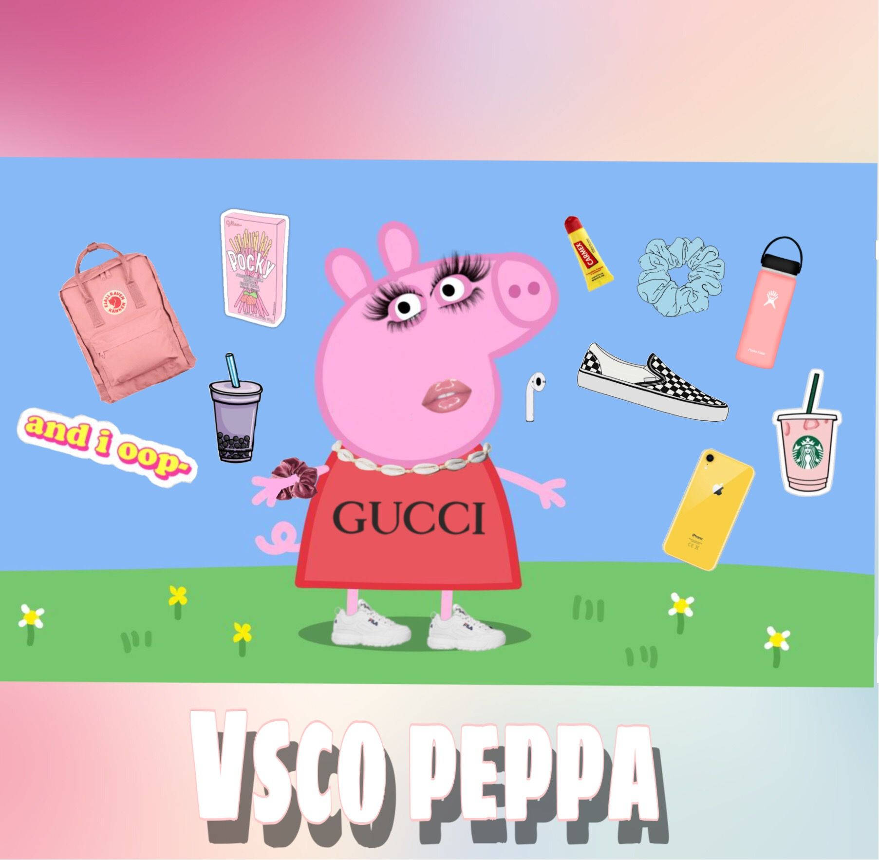 Baddie Peppa Pig 桌布 壁紙 — Peppa Pig 穿著 Gucci 連衣裙，被時尚的 VSCO 物品包圍，背景是粉彩天空和草地。