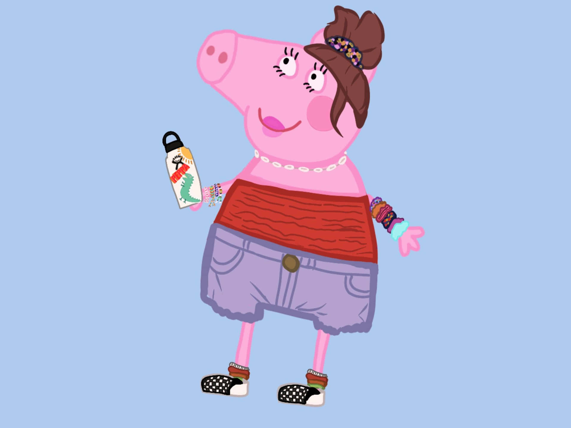 Cartoon 桌布 壁紙 — Peppa Pig 穿著時尚服裝，在純藍色背景前拿著水瓶。