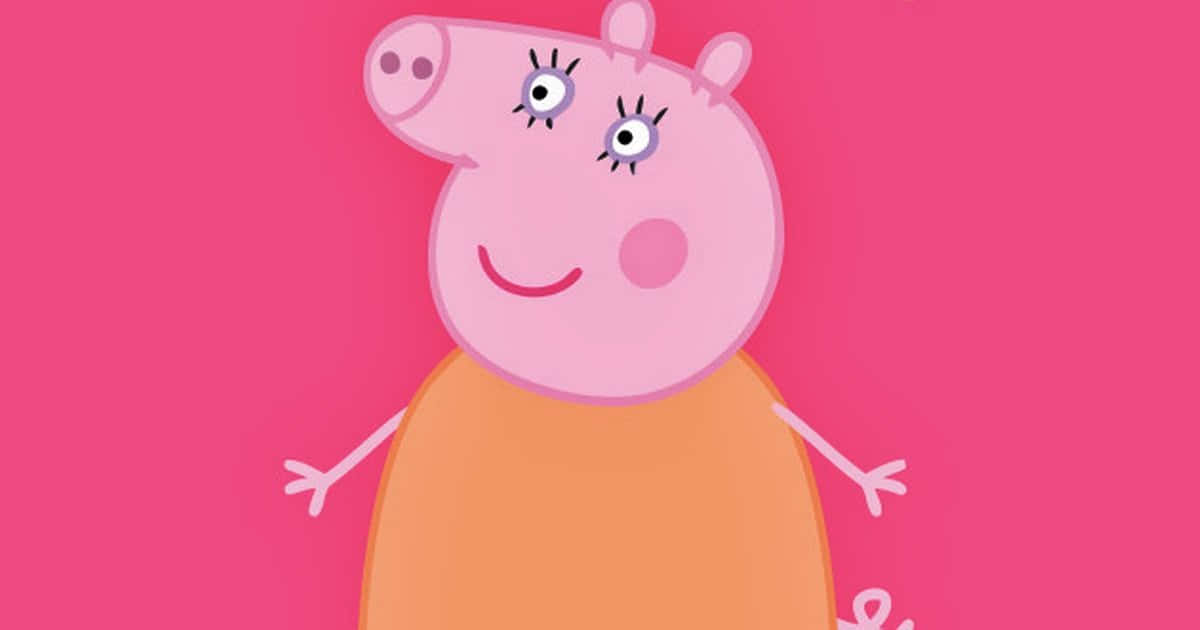 Mummy Pig 桌布 壁紙 — Peppa Pig 穿著橙色連衣裙，在純粉紅色背景上開心地微笑。
