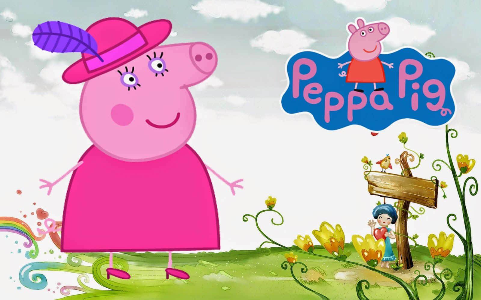 佩佩豬 桌布 壁紙 — Peppa Pig 穿著粉紅色連衣裙和帽子，在充滿花朵和彩虹的充滿活力的卡通風景中愉快地站立。