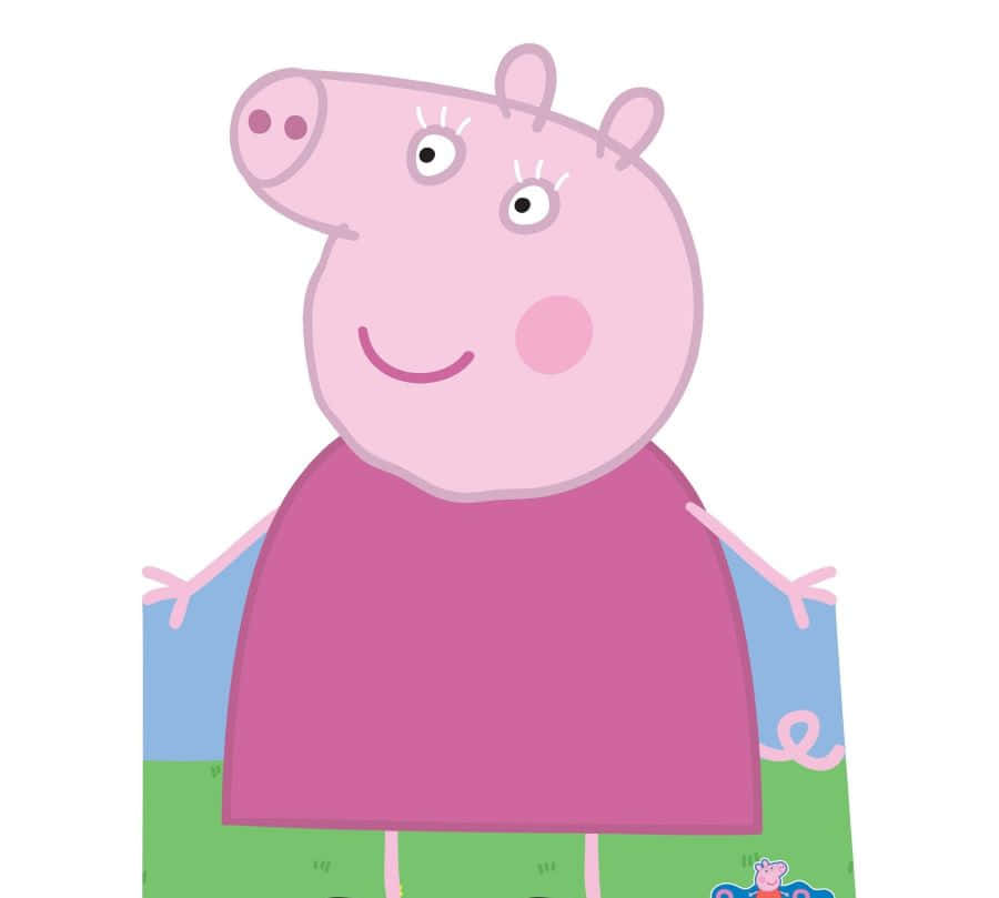 Granny Pig 桌布 壁紙 — Peppa Pig 穿著粉紅色連衣裙，在簡單的藍色和綠色背景上微笑。