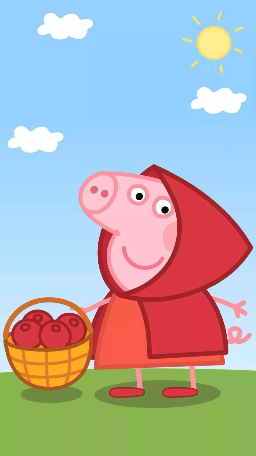 peppa pig iPhone 桌布 壁紙 — Peppa Pig 穿著紅色連帽斗篷，在陽光明媚、白雲朵朵的藍天下微笑著拿著一籃蘋果。