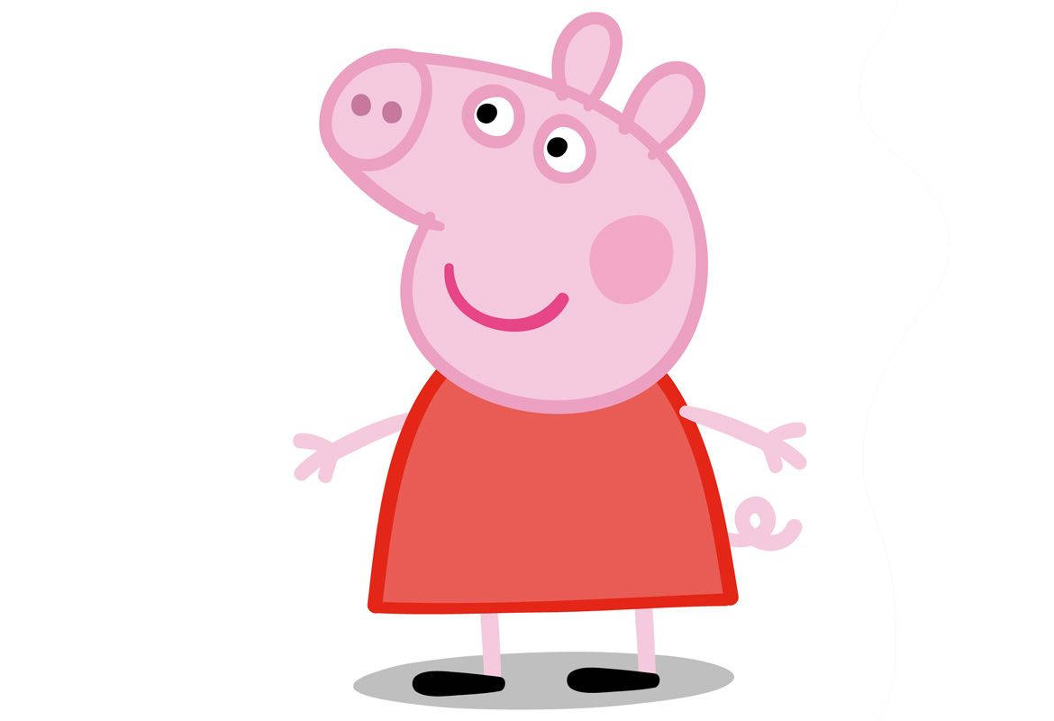 佩佩豬 桌布 壁紙 — Peppa Pig 穿著紅色連衣裙，在簡單卡通風格的白色背景上微笑站立。